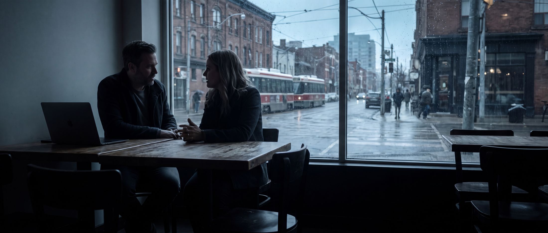 Two people talking across a table by a window, a rainy Toronto street outside