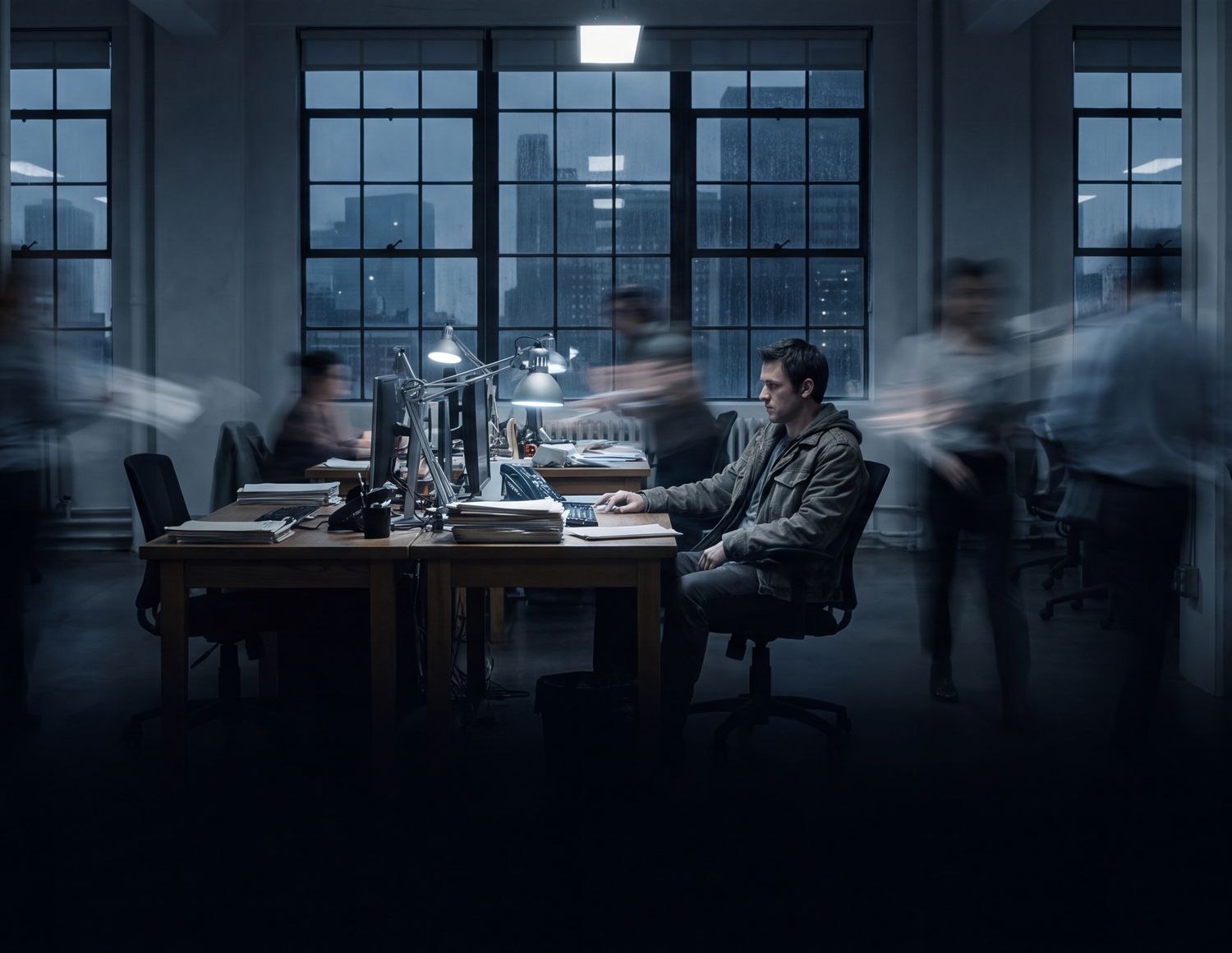 One person working calmly at a desk while the office blurs into motion around them