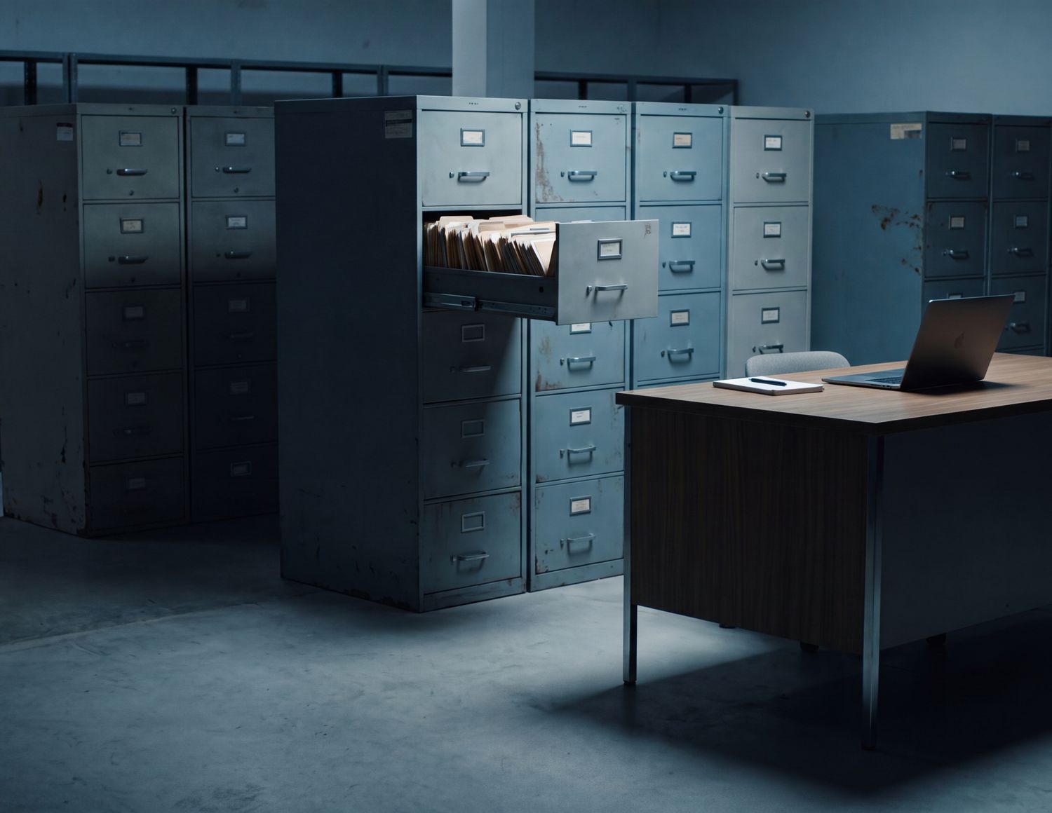 A desk hemmed in by rows of filing cabinets, buried under paperwork