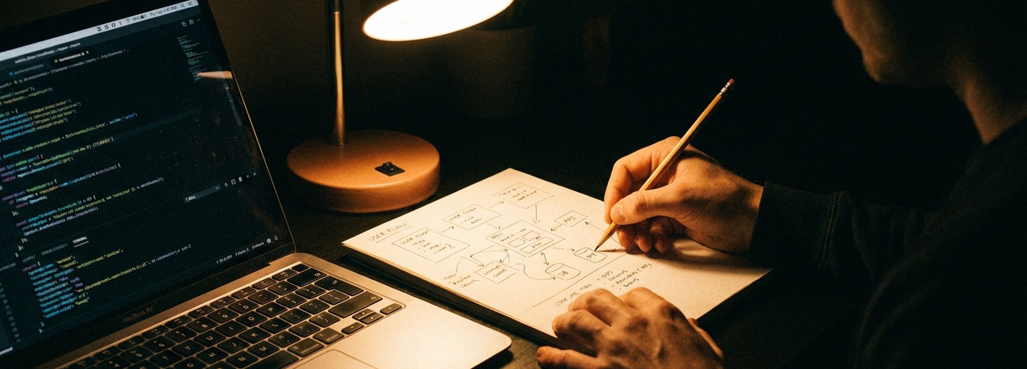 A hand sketching a process diagram beside a laptop of code, under a desk lamp