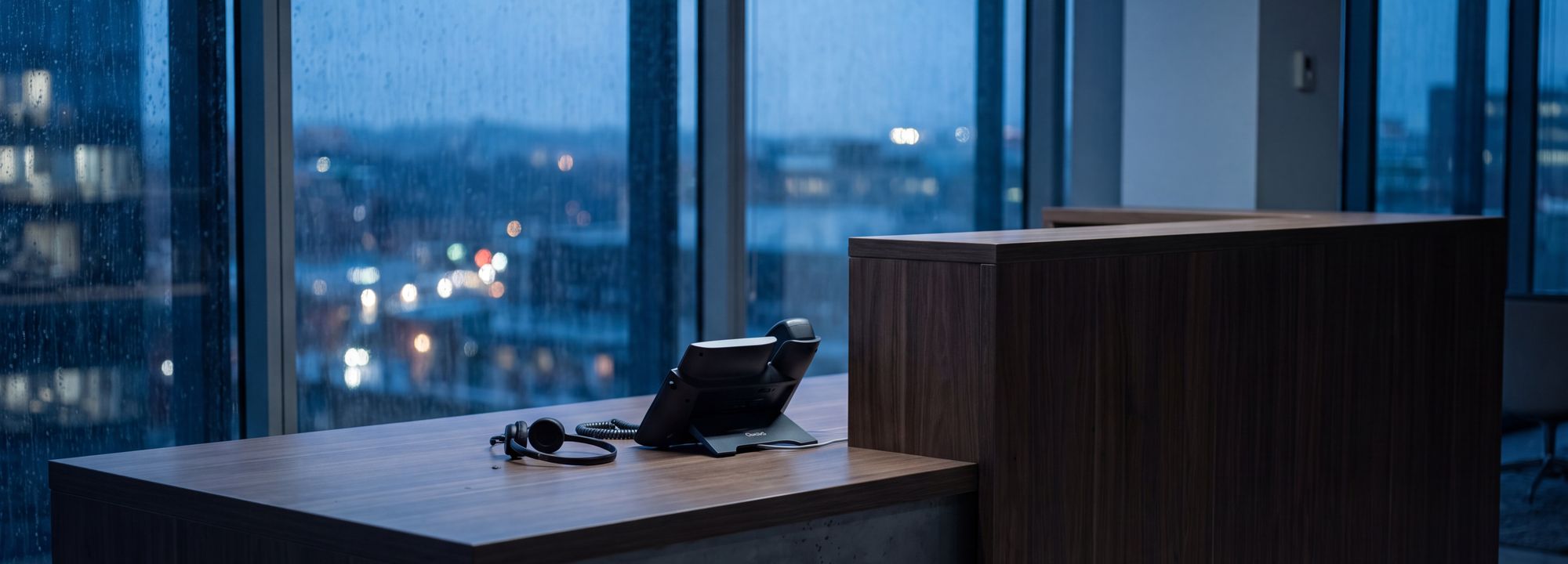 An executive desk by a rain-streaked window, the city dimming outside