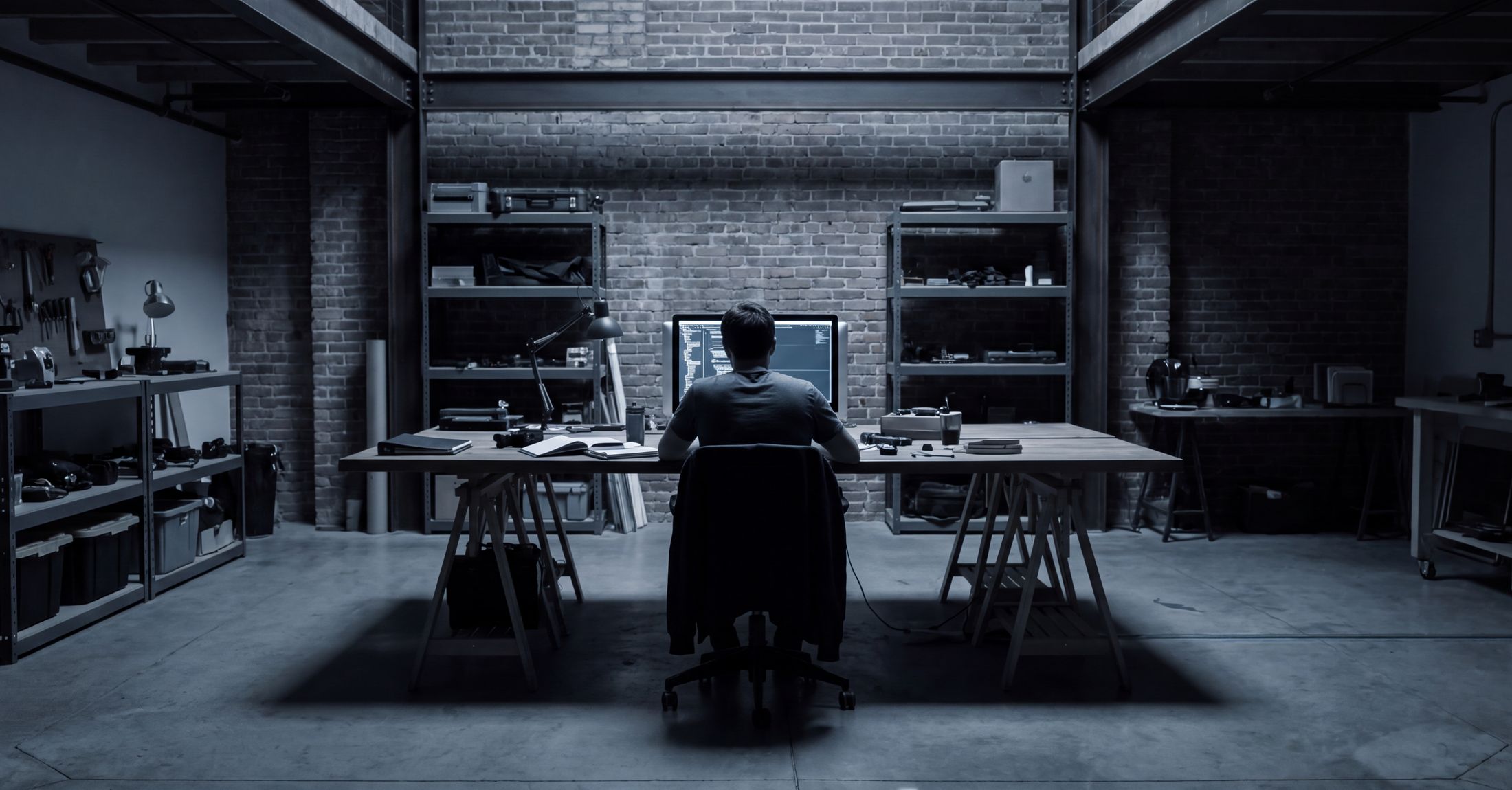 A developer's bench at night: dual monitors of code with architecture sketches pinned to the wall