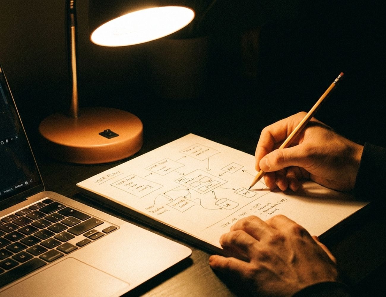 Hands sketching a flow diagram on paper beside an open laptop under a warm lamp