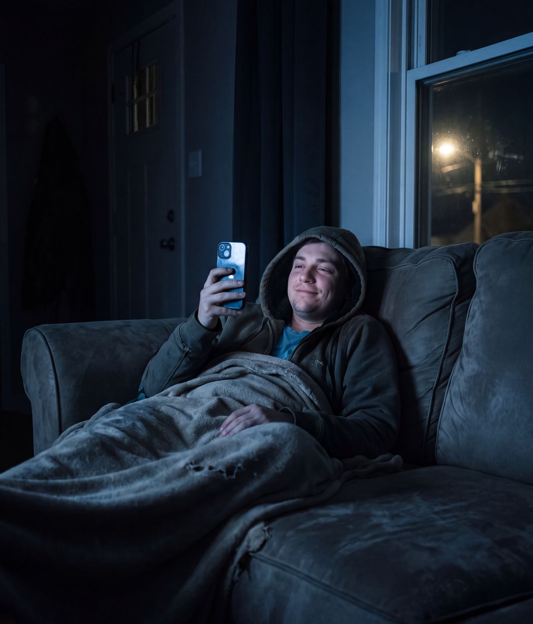 A person relaxing on a sofa late at night, face lit by their phone
