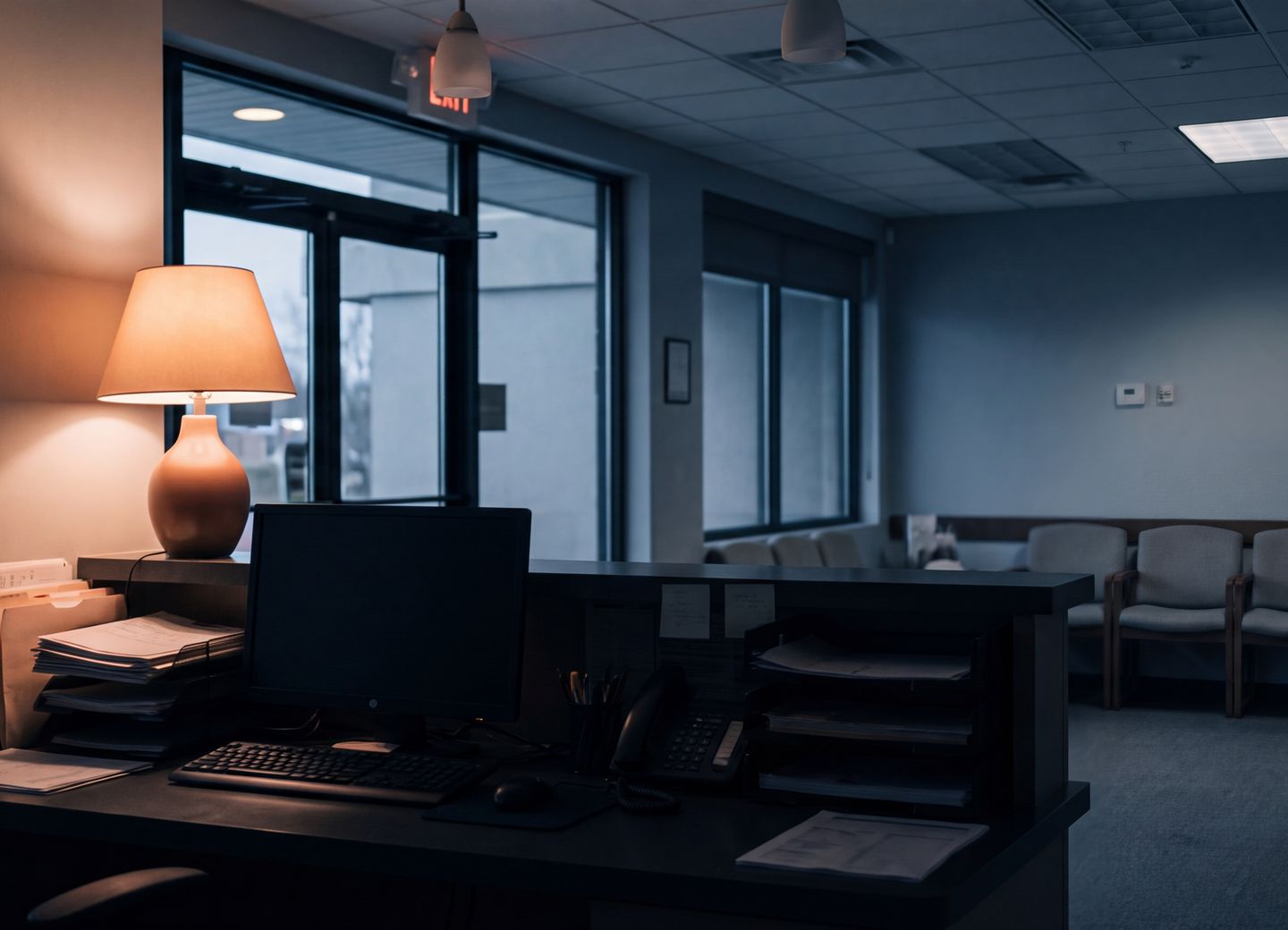 A softly lit reception desk in an empty office late at night, city lights beyond the windows