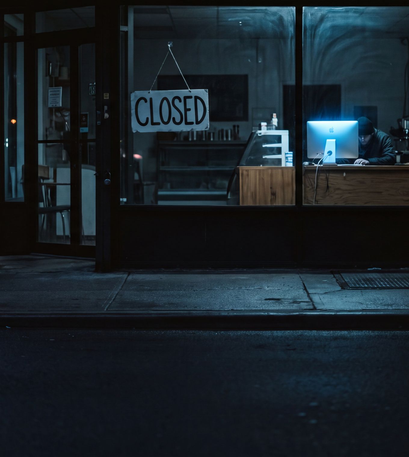 A closed storefront late at night, a screen still glowing softly at the counter inside