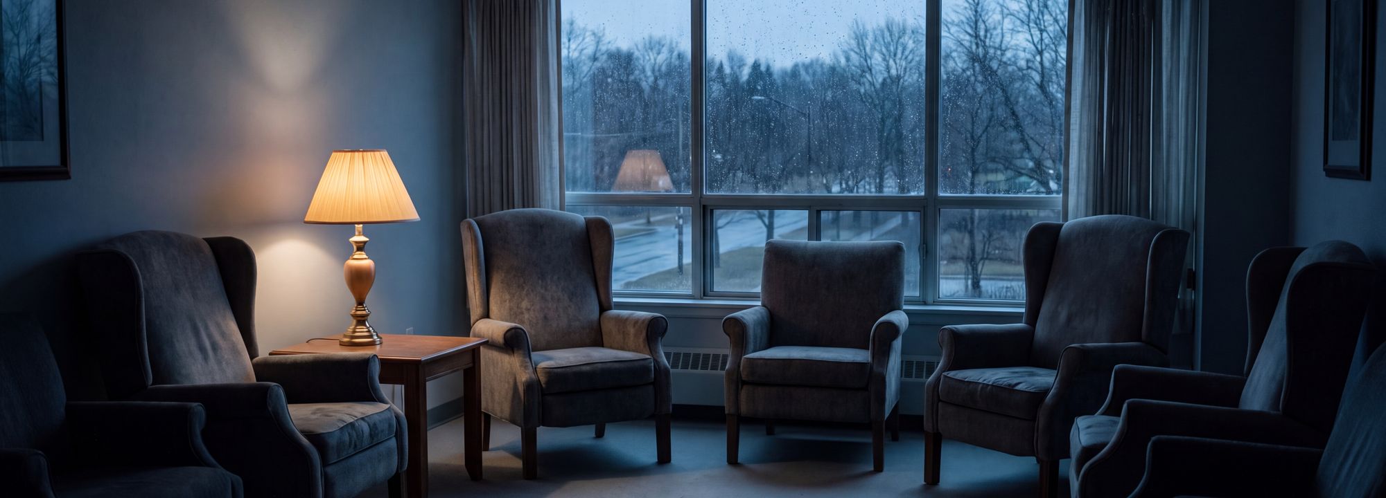A care-home common room at dusk: empty armchairs, a warm lamp, and a rainy window