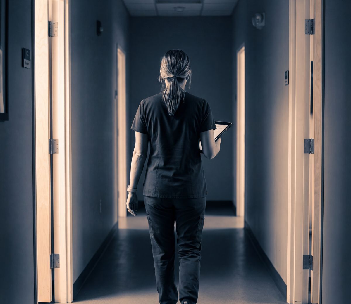 A care worker walking down a softly lit clinic corridor, tablet in hand