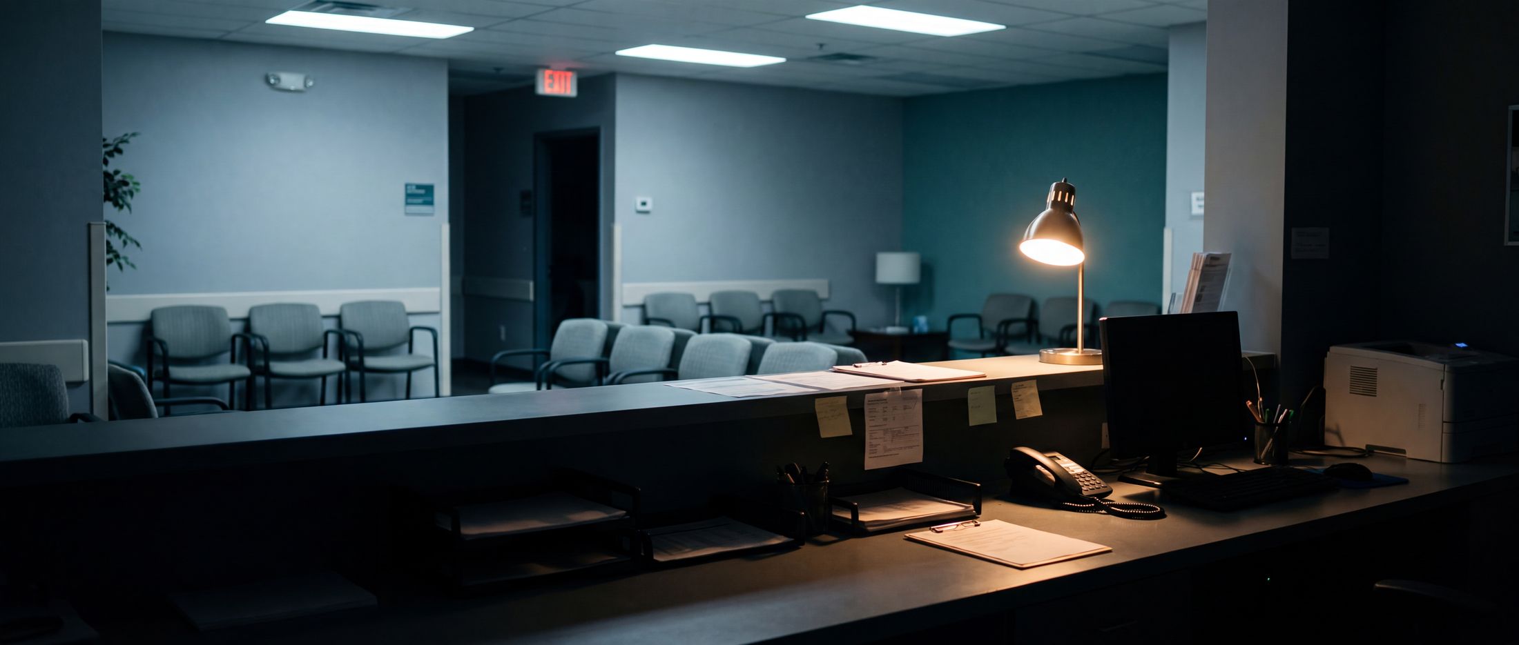 A quiet clinic reception at the end of the day, empty waiting chairs under soft light