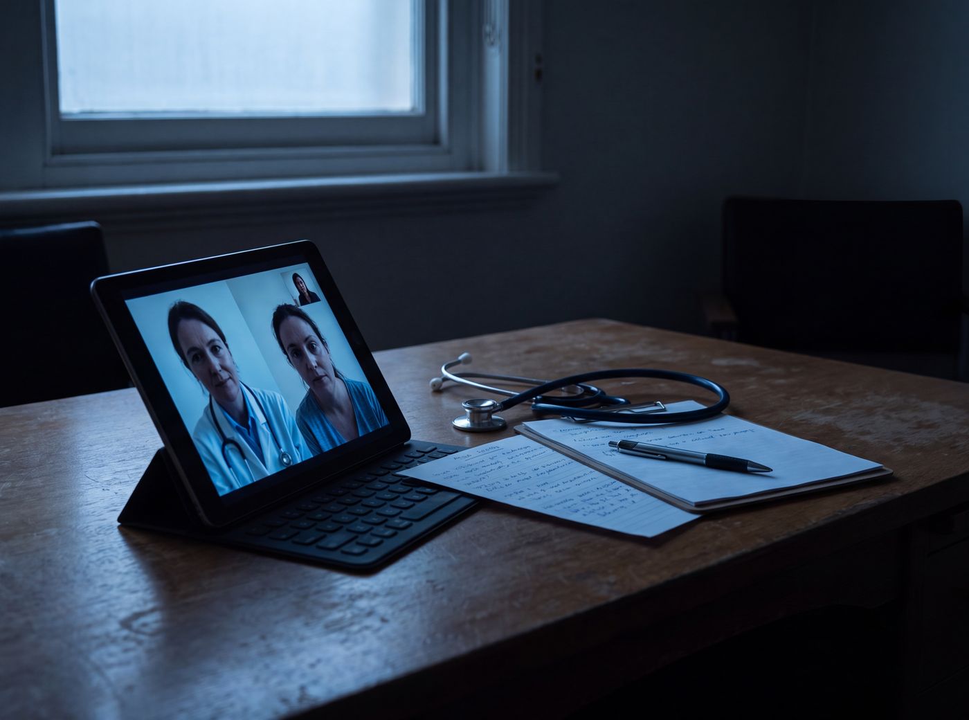 A tablet on a desk showing a telehealth call, a stethoscope and handwritten notes beside it