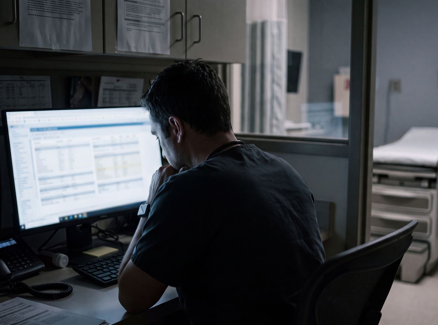 A clinician in scrubs at a workstation reviewing a chart on screen, an exam room behind