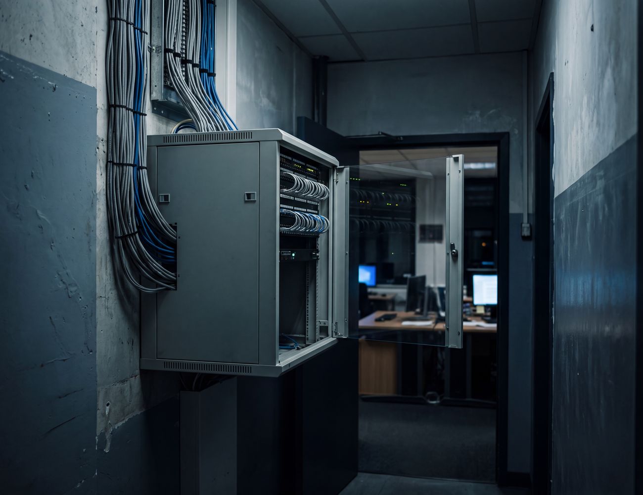 An open network cabinet with tidy cable runs on a corridor wall, a lit office beyond the doorway