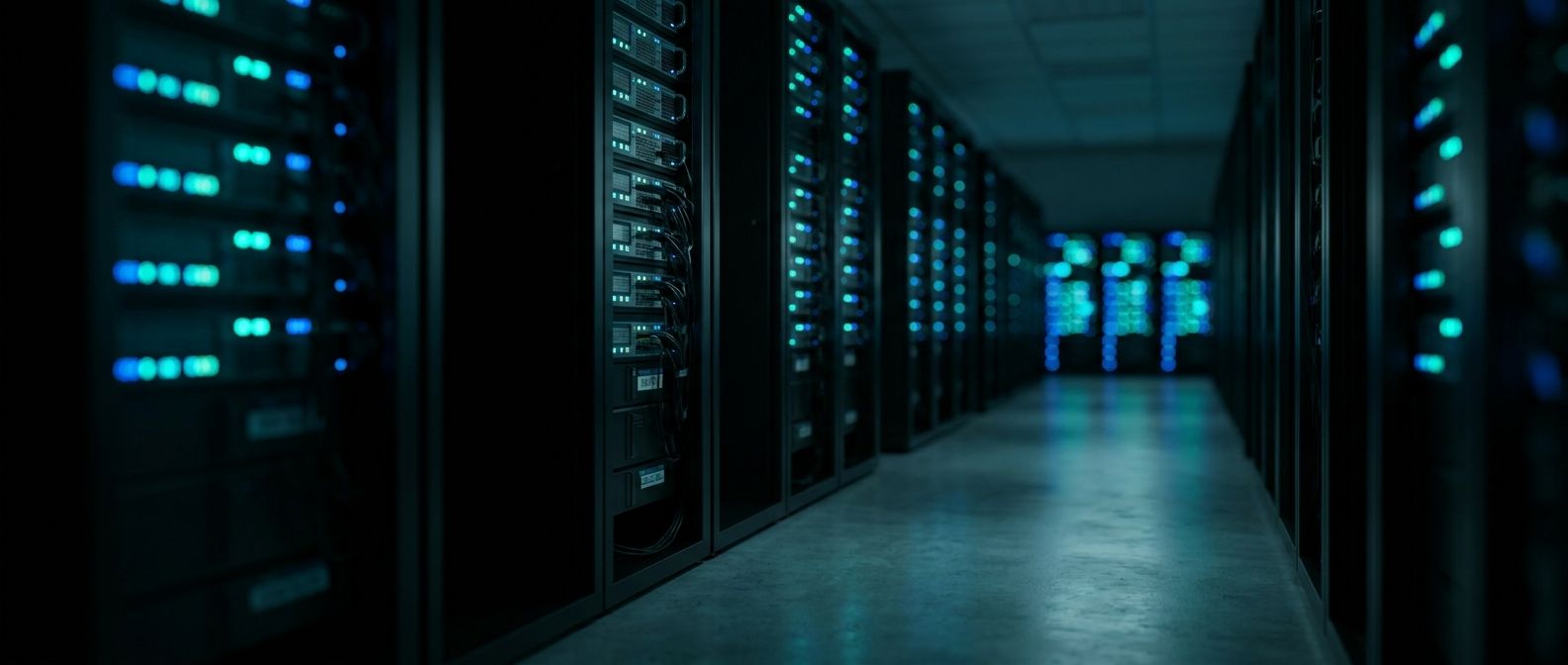 A server-room corridor lit by the glow of racked equipment