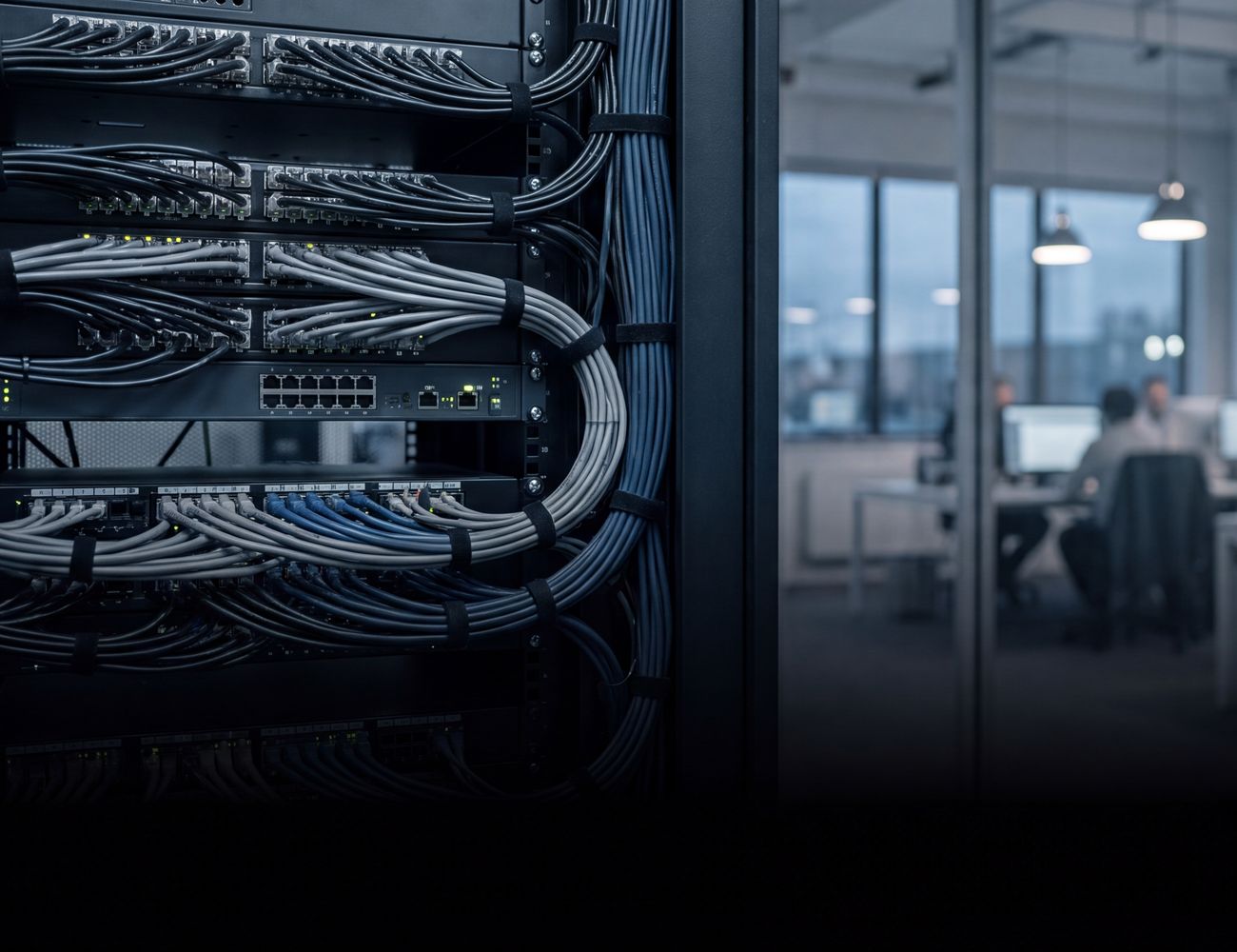 Neatly cabled network racks in the foreground, an office working on beyond the glass