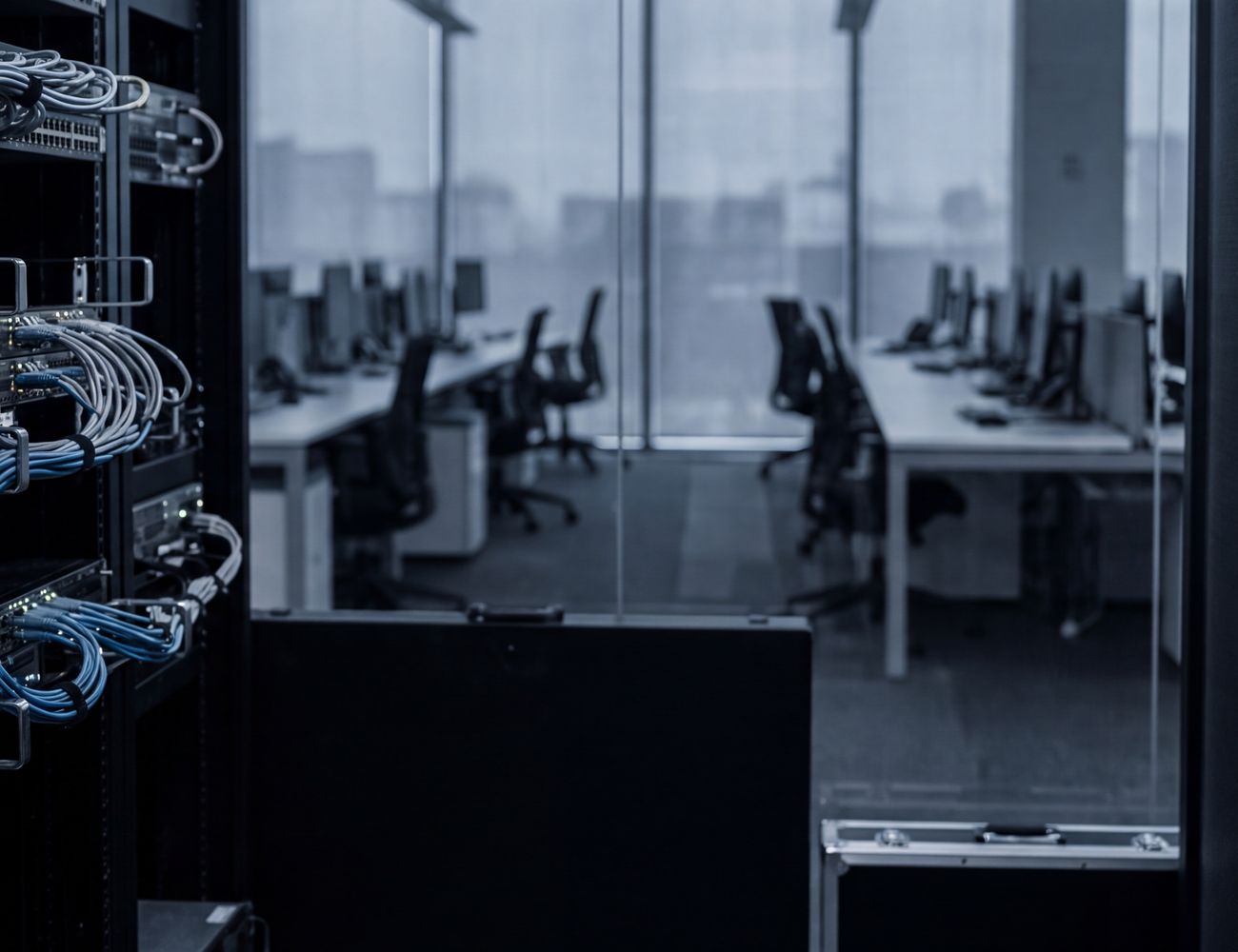 Server racks and cabling with the lit Toronto skyline through the window behind