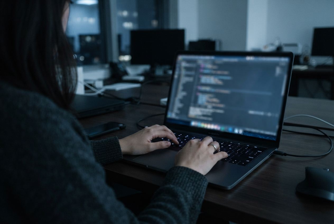 Working at a laptop in a dim office, lit by the monitor