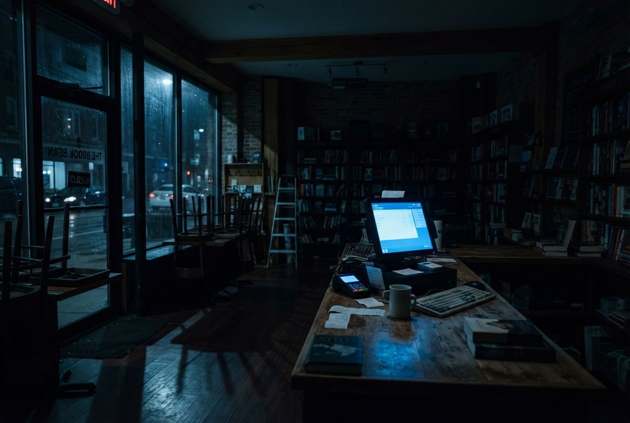 A shop counter after hours, one screen still glowing