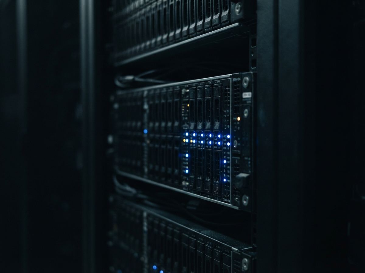 Server rack with blue status lights