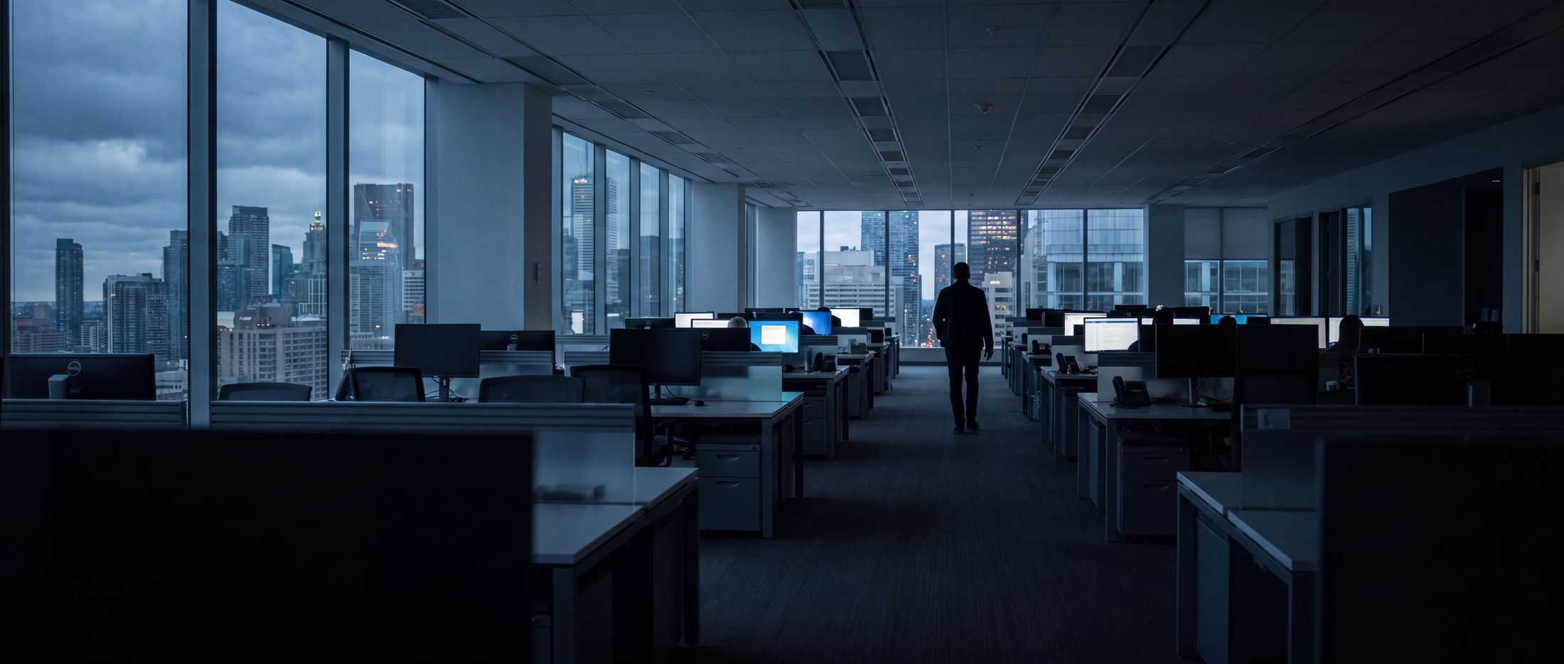 An open-plan office at dusk, one person crossing the floor toward the Toronto skyline